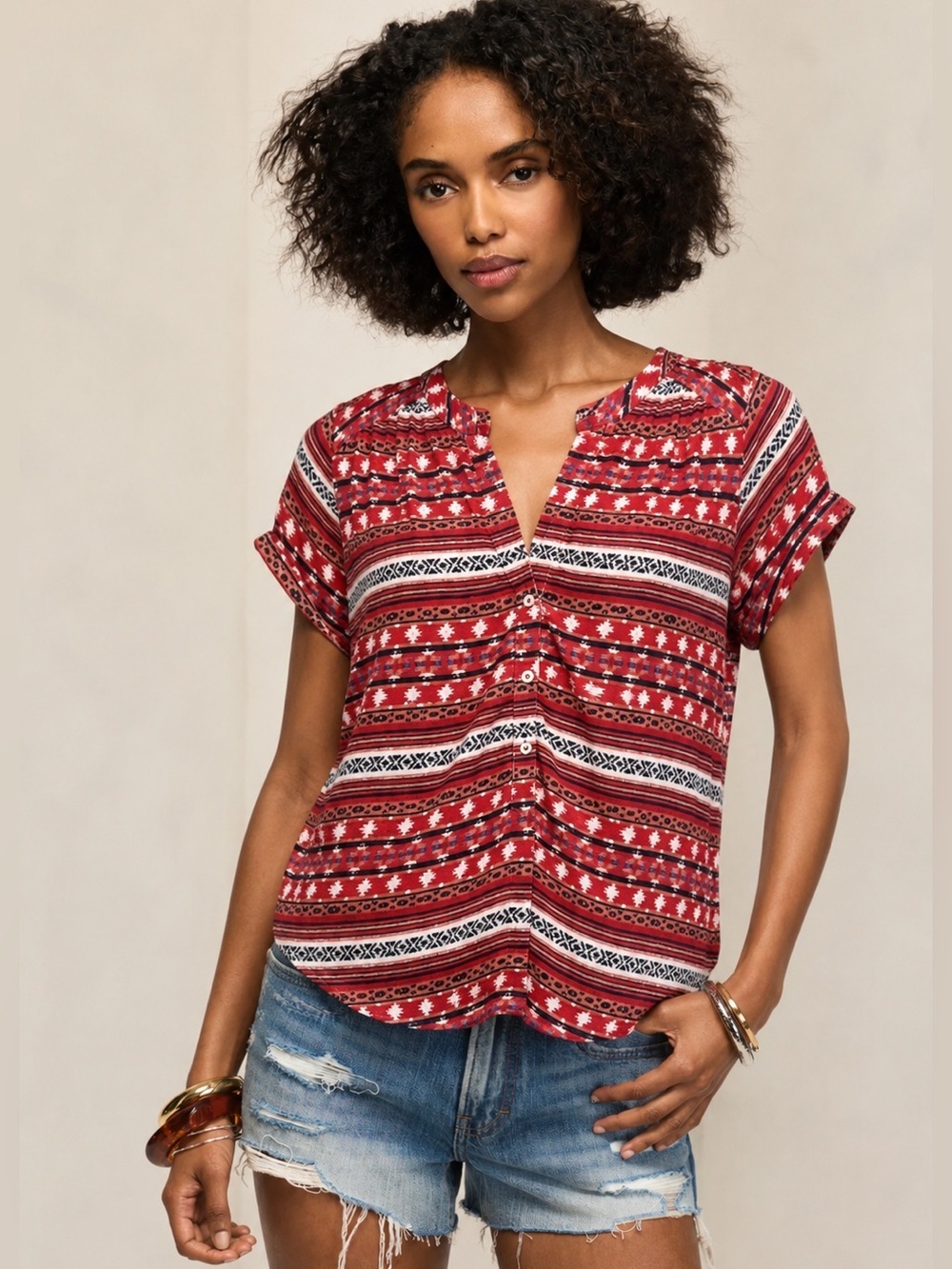 LUCKY BRAND Short Sleeve Aztec Tribal Print Blouse